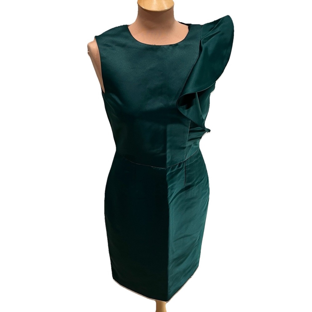 Zara Women's Hunter Green Satin Sheath Dress Size Medium Ruffle Cocktail Holiday